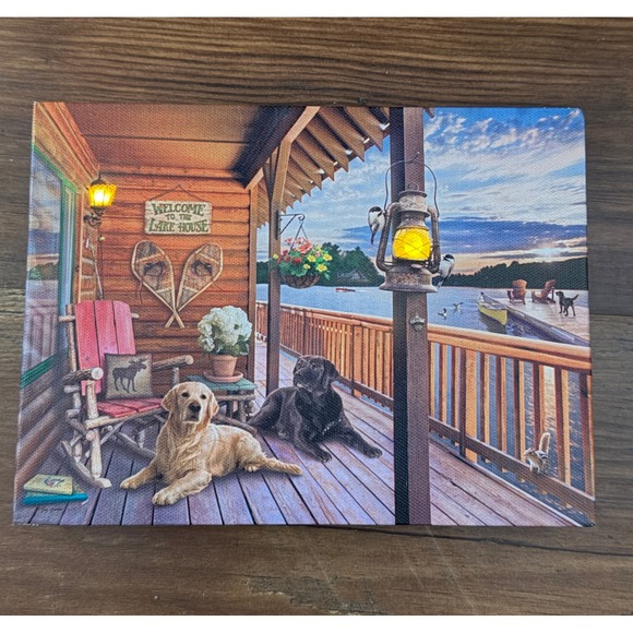 Glow Decor Lighted Lake House Canvas Art Two Dogs on Porch Sunset Scene New‎ - Picture 3 of 7